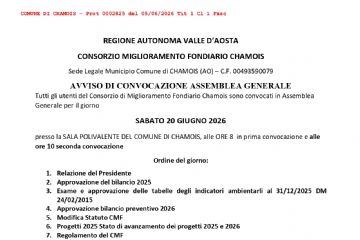 Avviso di convocazione assemblea generale CMF Chamois - Sabato 20 giugno 2026